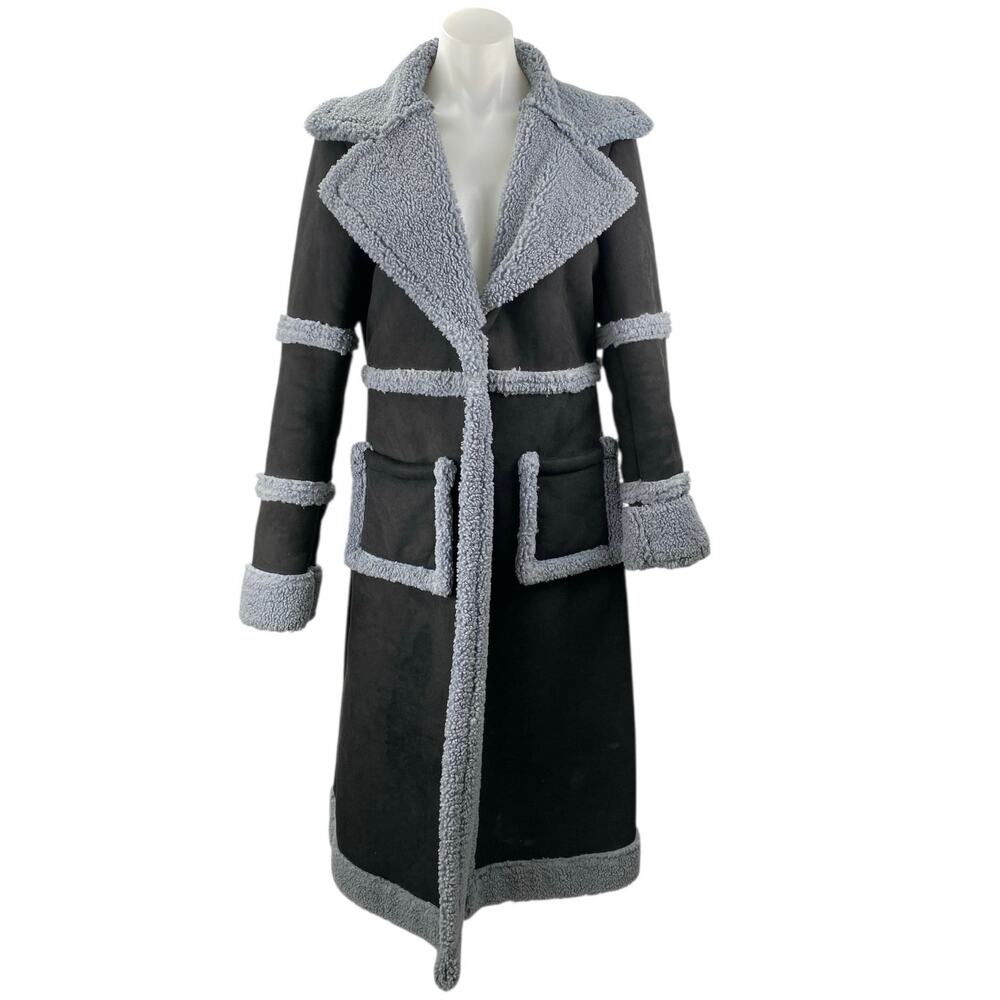 Dolls Kill Whole Lotta Love Black Faux Suede Sherpa Trench Coat Jacket Size XS
